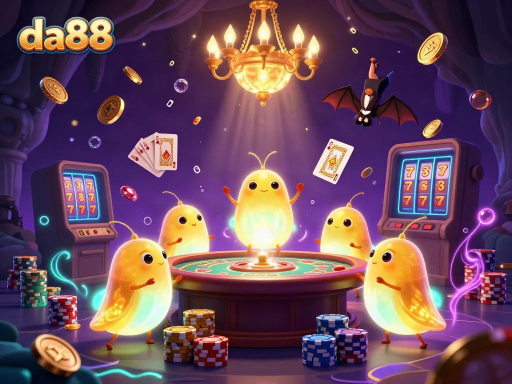 Join the excitement at da88 with glowworms illuminating a vibrant virtual casino scene filled with engaging game elements.