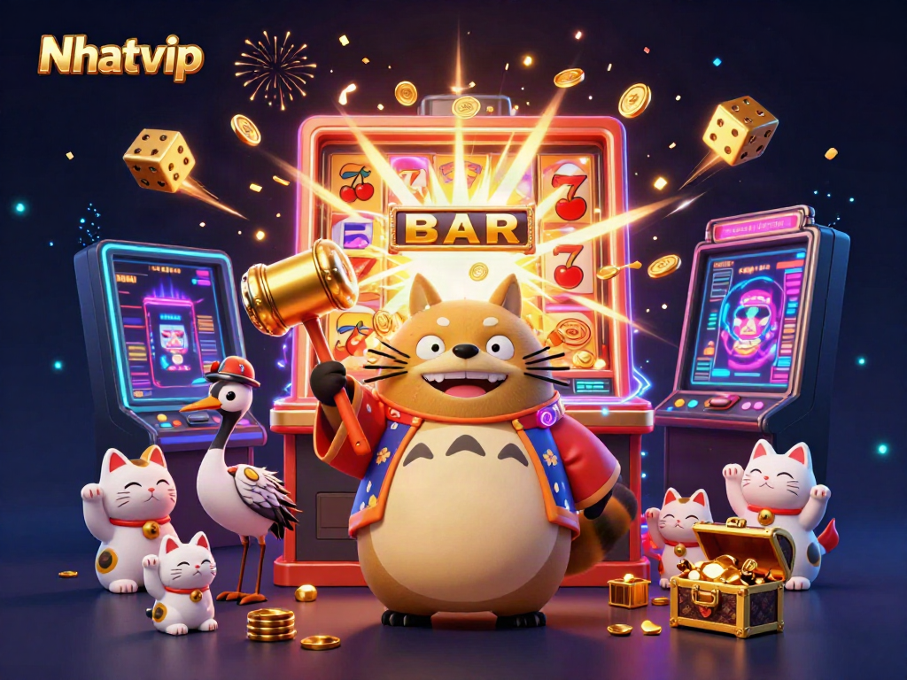 Nhatvip showcases a vibrant scene with a cheerful tanuki and fortune cats around a jackpot-filled slot machine.