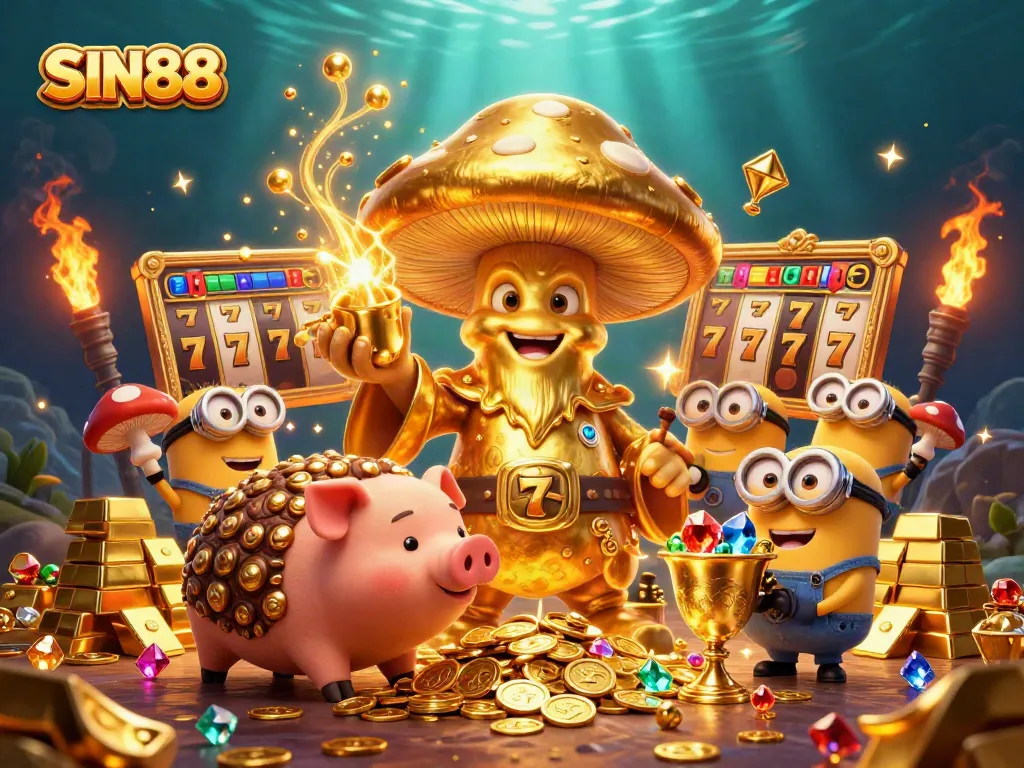 SIN88 slot wizard illustration with golden treasures and gaming elements in a vibrant casino scene.