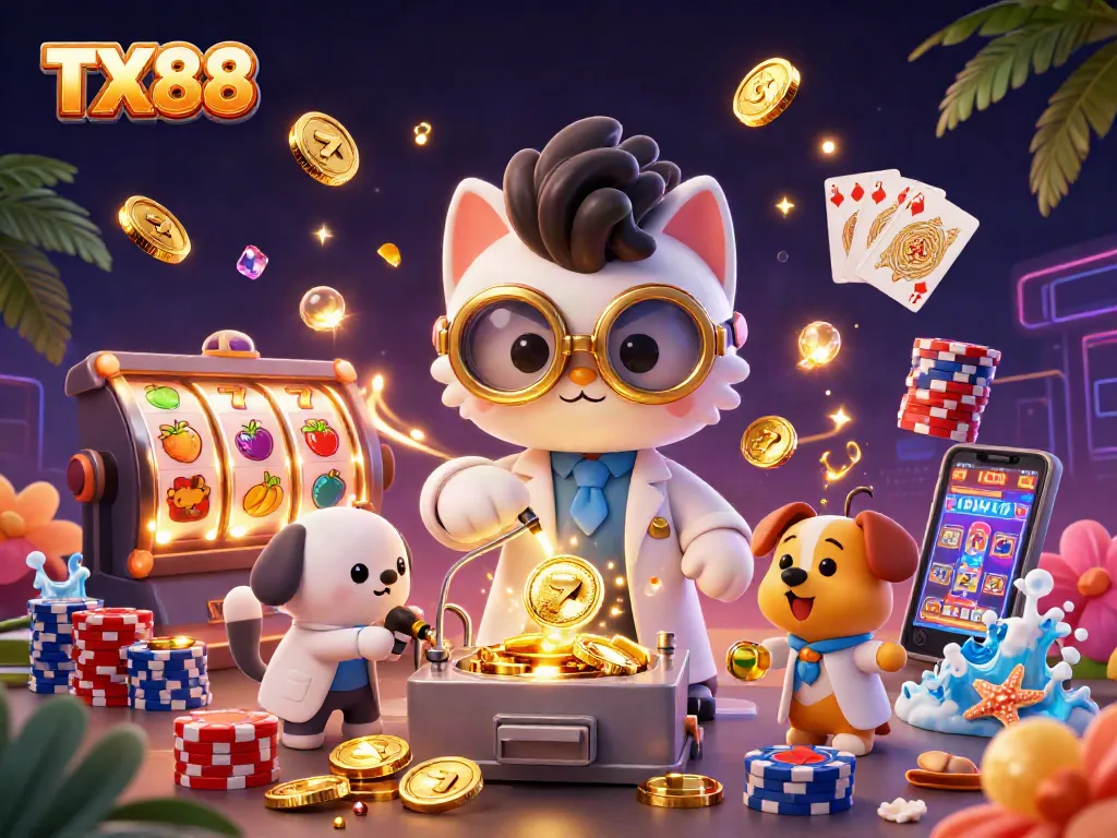 Engage with TX88 as dynamic casino action unfolds with vibrant slots and playful characters.