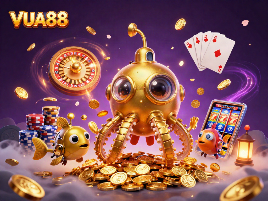 Win big with VUA88's energetic 3D casino experience featuring the golden kraken submarine.