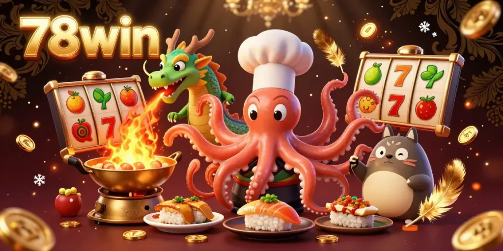 Experience exciting gameplay with 78win, featuring a vibrant scene of animated characters celebrating casino wins.