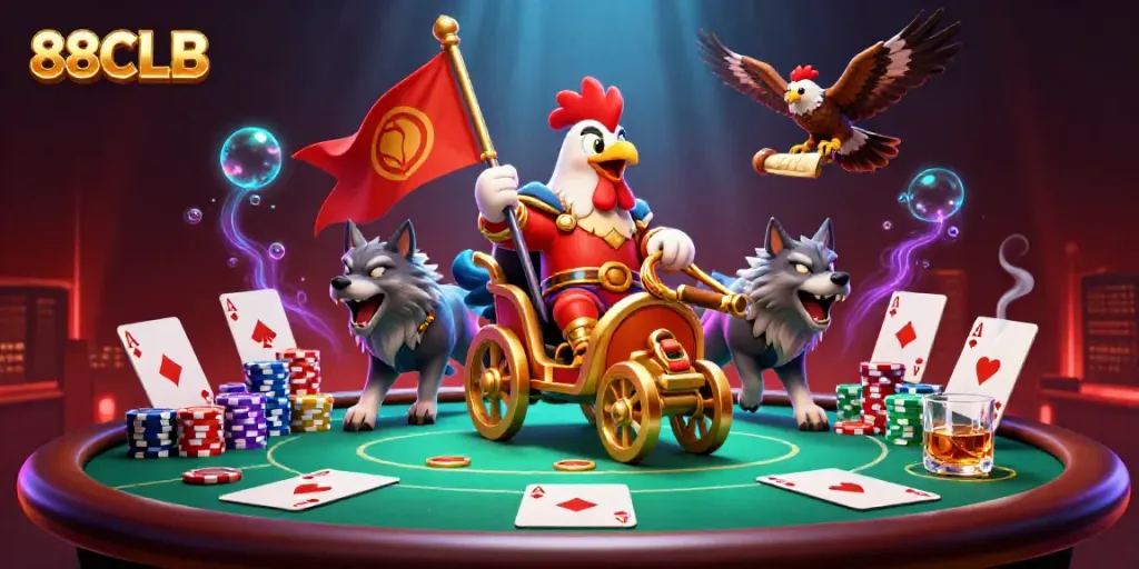 Experience thrilling action with 88CLB's dynamic casino scene featuring characters and poker game elements.
