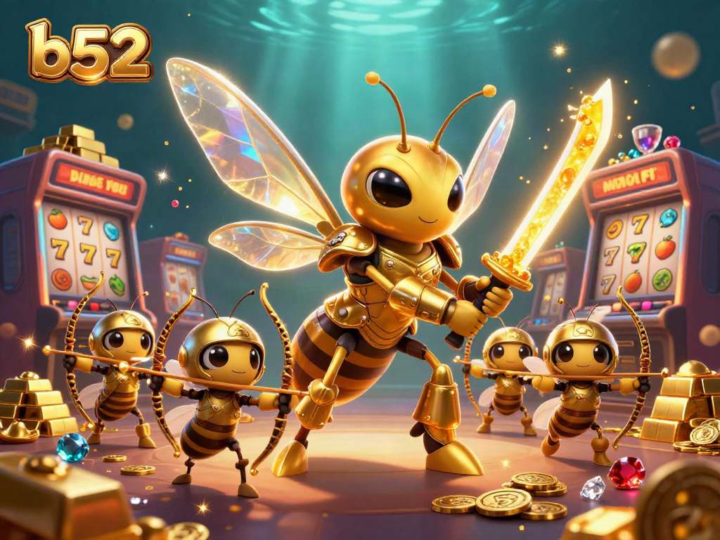 Engage with thrilling b52 casino action as a golden hornet samurai and bee archers surround slot machines.