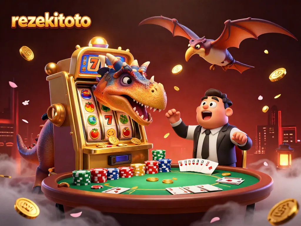 Experience jackpot excitement at rezekitoto with a playful dinosaur theme, featuring vibrant slot machines.