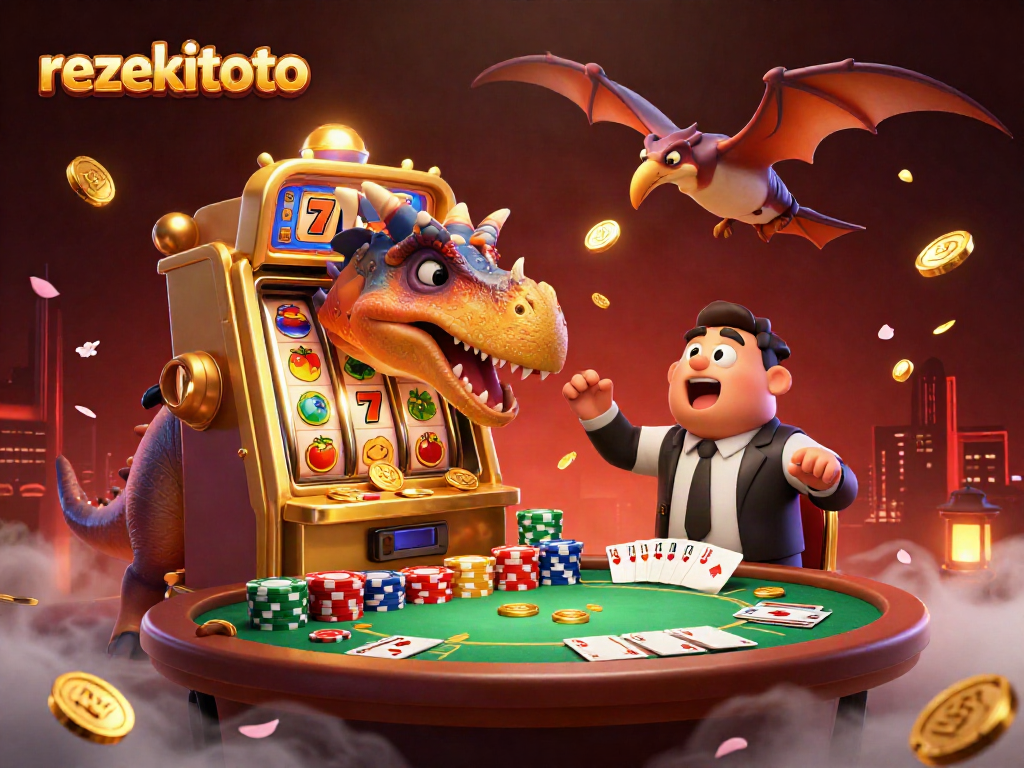Experience jackpot excitement at rezekitoto with a playful dinosaur theme, featuring vibrant slot machines.