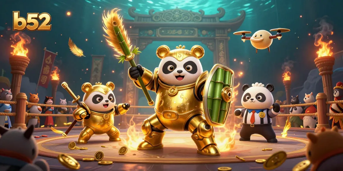Engage with b52 casino fun featuring a mech-suit panda in an exciting gambling arena.