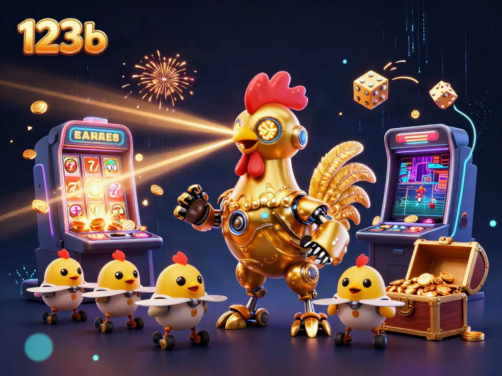 Experience thrilling casino action with 123 b, featuring a golden rooster robot and dynamic gaming elements.