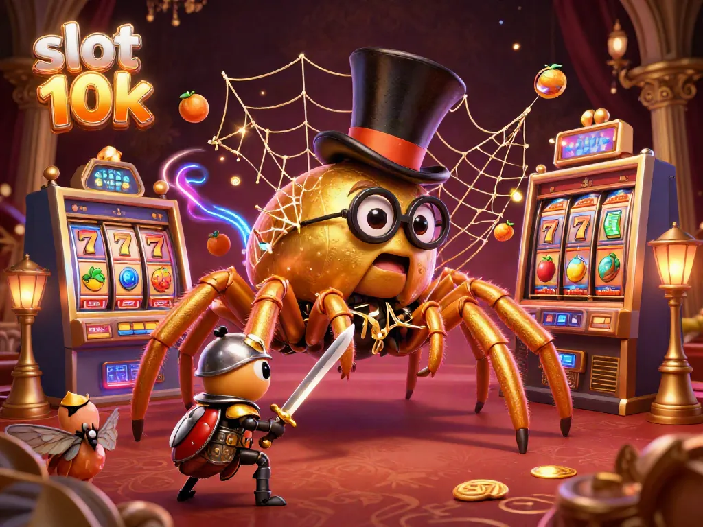 Engage with slot 10k adventures featuring golden tarantula and beetle knight in a vibrant casino scene.