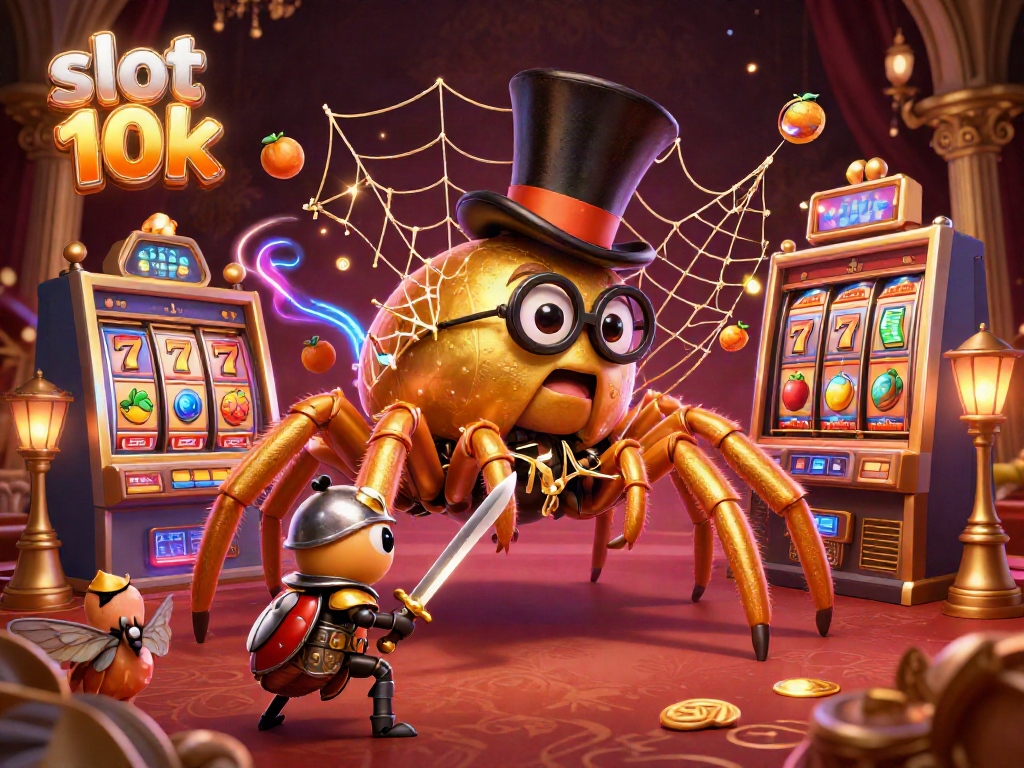 Engage with slot 10k adventures featuring golden tarantula and beetle knight in a vibrant casino scene.