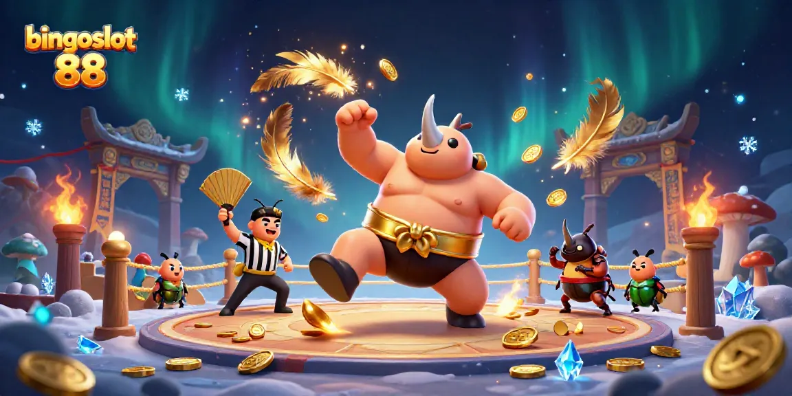 Menyaksikan bingoslot 88, juara sumo badak mengeluarkan koin emas dalam suasana pertarungan kasino yang meriah.