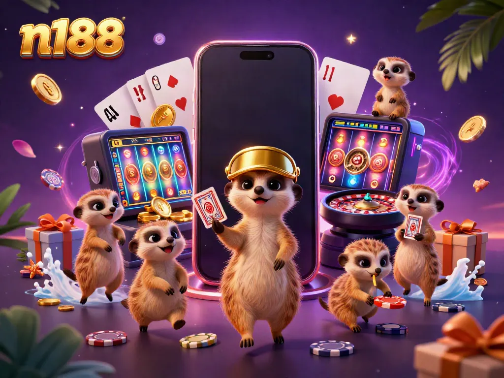 Experience n188 with meerkats running a vibrant casino operation featuring colorful games.