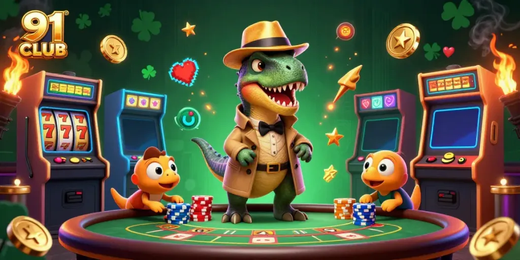 Engage in thrilling gameplay at 91 CLUB with cartoon velociraptor card counters and colorful slot machines.