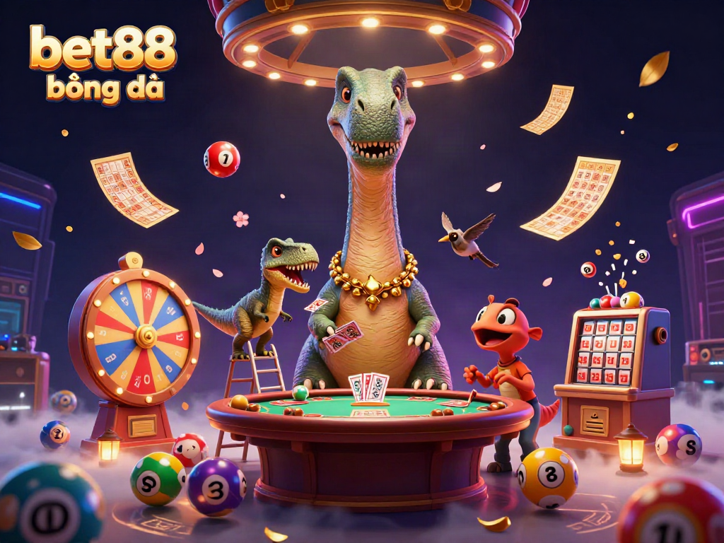 Engage in excitement with bet88 bóng đá at a vibrant casino scene portrayed by a towering brontosaurus and clever raptor.