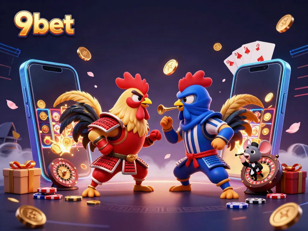 Experience the thrilling face-off of 9bet's roosters in a vibrant casino scene filled with action and excitement.