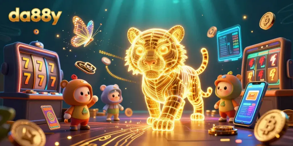 Experience thrilling wins at da88y with vibrant slot reels and a golden tiger in a dynamic digital casino.
