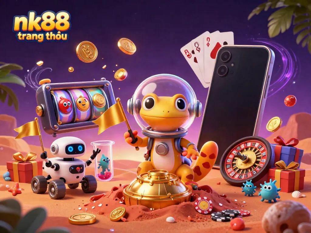 Experience nk88 trang chủ with a vibrant Martian gecko discovering a golden casino, bursting with energetic gambling elements.