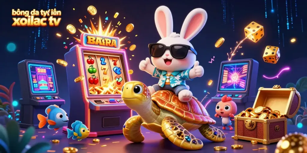 Explore bóng đá trực tuyến xoilac tv with an adorable lucky rabbit and golden turtle amidst casino excitement.