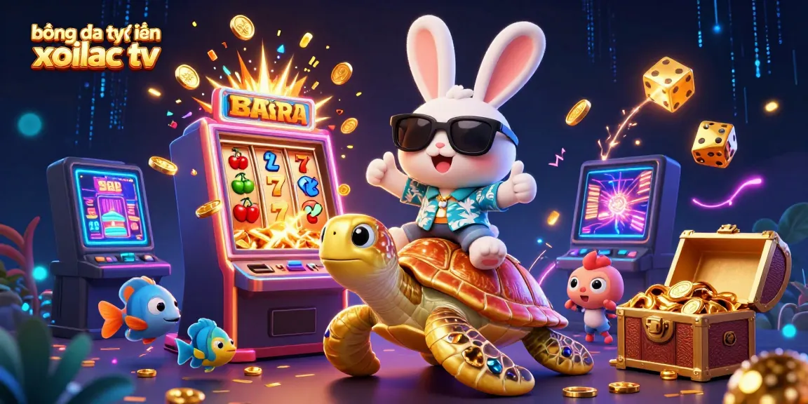 Explore bóng đá trực tuyến xoilac tv with an adorable lucky rabbit and golden turtle amidst casino excitement.