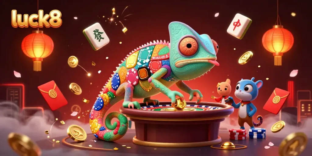Experience thrilling moments at luck8 with a vibrant casino scene featuring a dynamic chameleon owner and festive elements