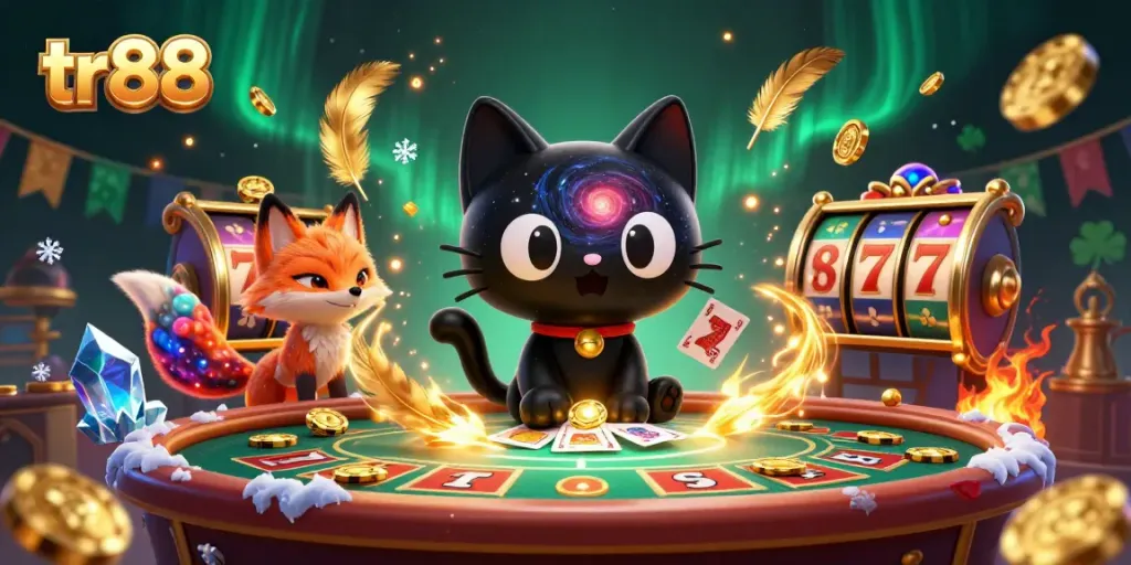 Experience thrilling gameplay at tr88's cosmic casino, where a black hole cat draws in golden chips and cards.
