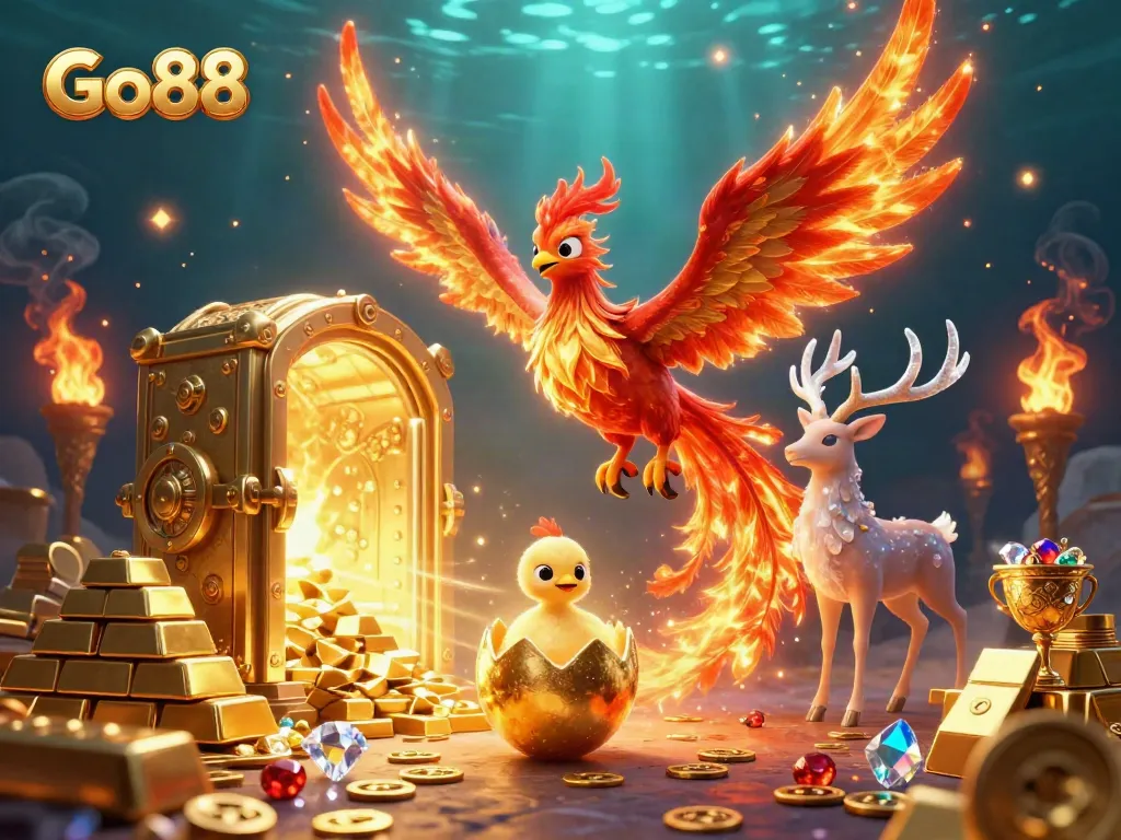 Experience the vibrant world of Go88 with a mystical phoenix and treasures in this detailed scene.