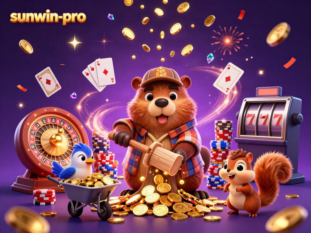 Experience the excitement of sunwin-pro with cartoon characters celebrating casino wins amid falling coins.