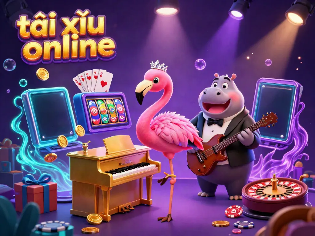 Engaging illustration featuring tài xỉu online with a flamingo singer and hippo bassist in a vibrant casino scene.