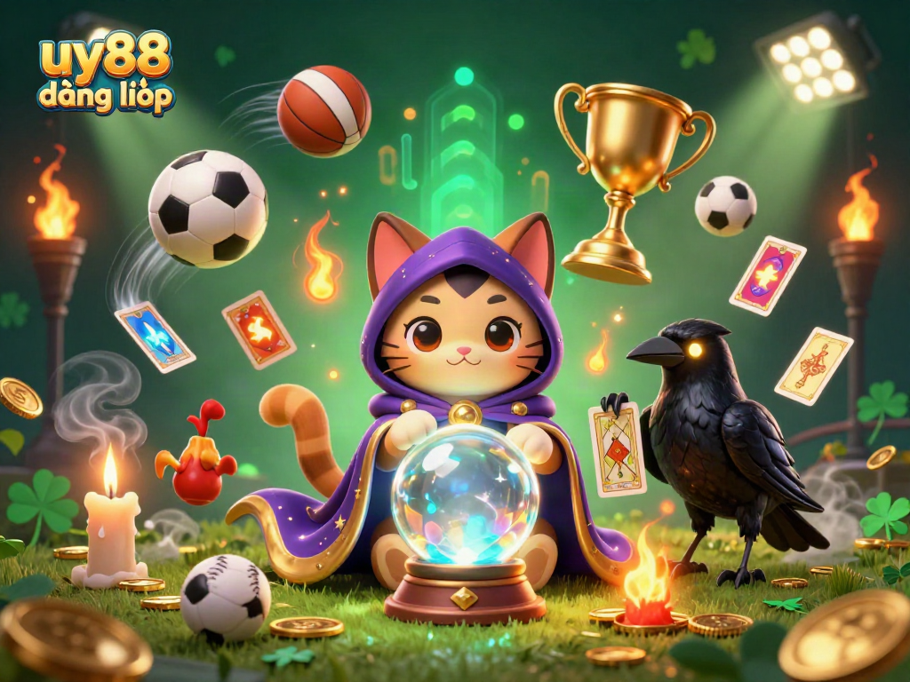 Experience thrilling action with uy88 đăng nhập featuring a mystical cat, raven, and exciting sports elements.
